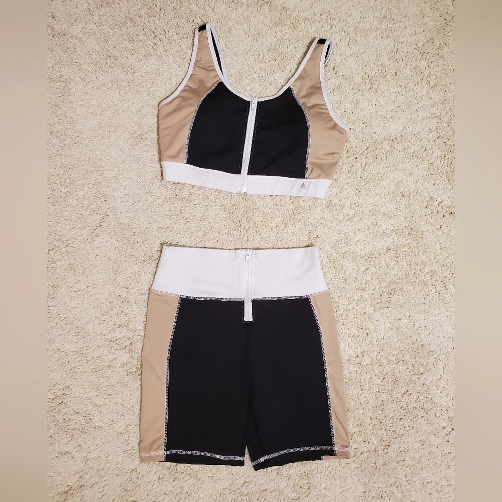 CALI SPORT Women Shorts Sports Bra Top Black Tan White 2pc Gym Outfit Athletic - Picture 15 of 16